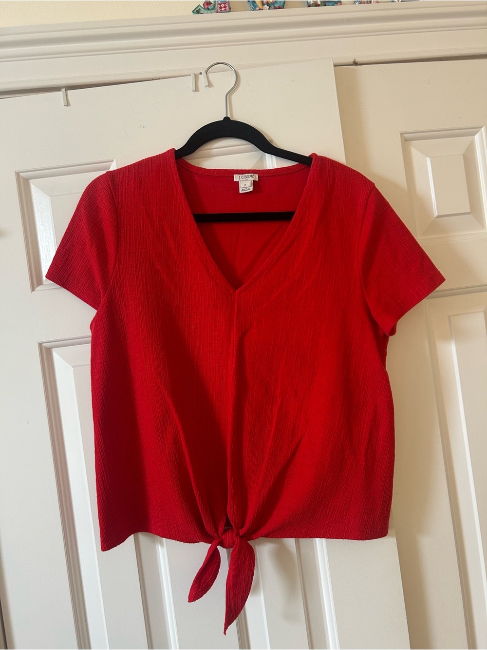 J. Crew Red V-Neck Tie-Front Top